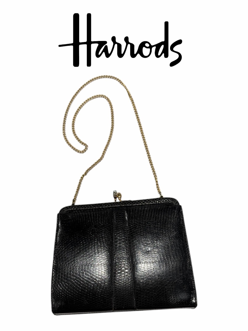 Harrods VINTAGE Black Genuine Lizard Kisslock Chain Strap Shoulder Bag